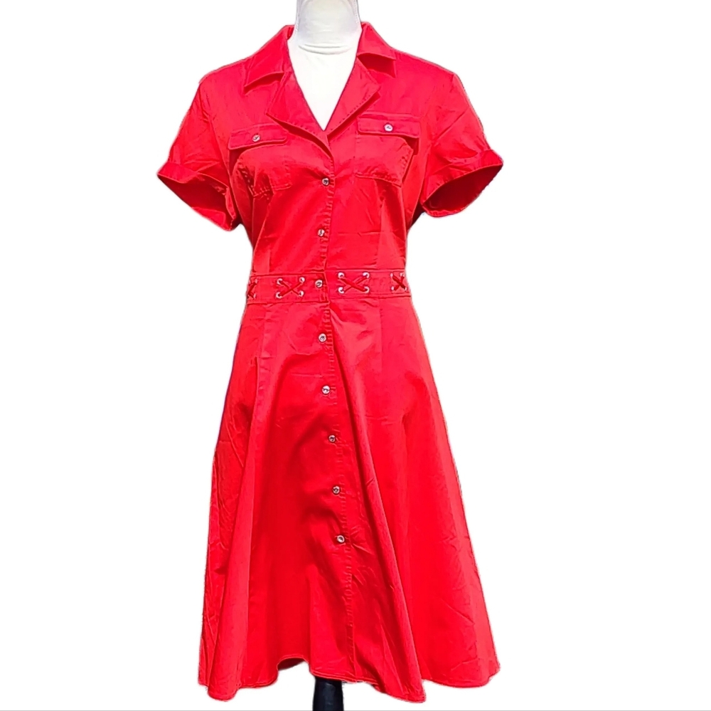 Jones NY. Red, A-Line button down midi dress w/ silver tone buttons. Size 14